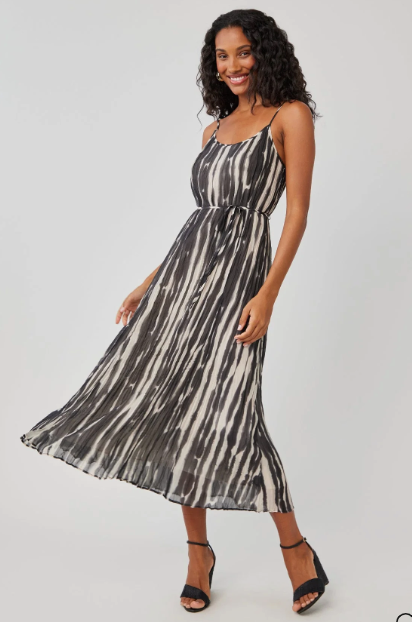 Midi Pleated Cami Dress - Brushed Stripe Print, Brushed Stripe PRINT / M Midi Pleated Cami Dress - Brushed Stripe Print, Brushed Stripe PRINT / M