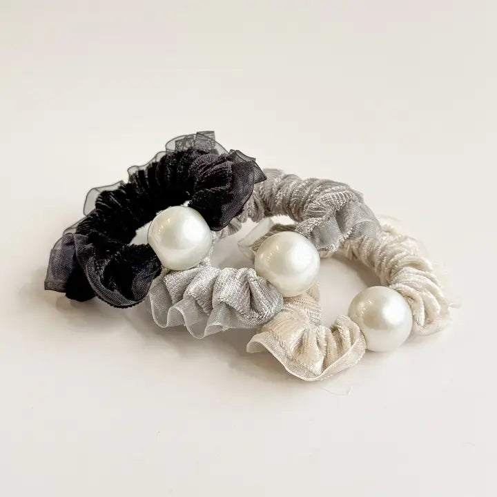 Velvet Tulle Pearl Scrunchies (Set of 3)