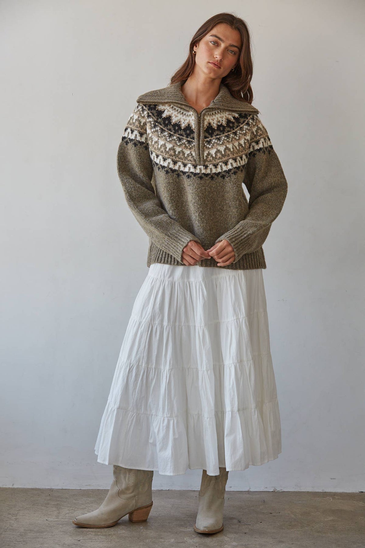 Knit Sweater Fair Isle Half Zip Up Pullover