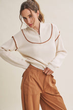 WHIPSTITCH EMBROIDERY HALF ZIP SWEATER