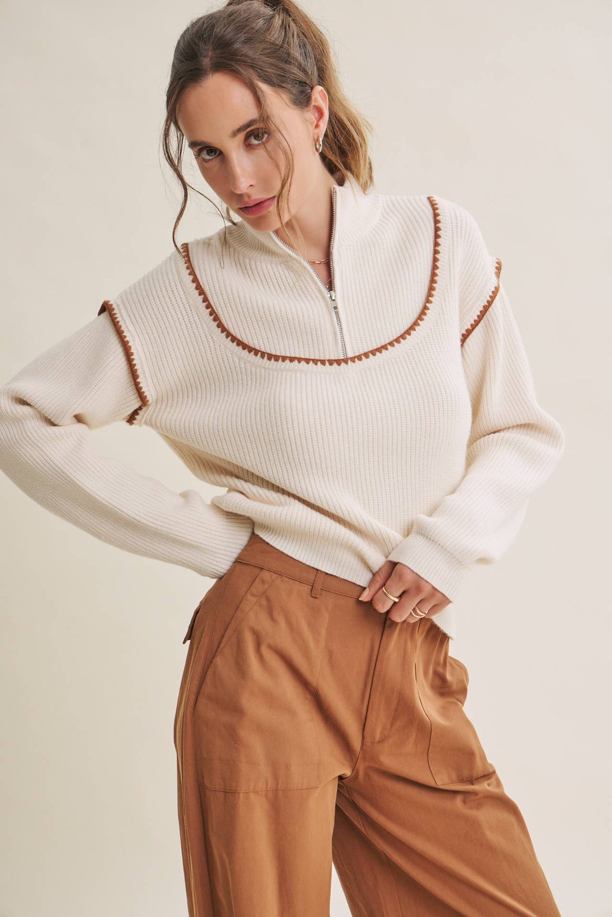 WHIPSTITCH EMBROIDERY HALF ZIP SWEATER