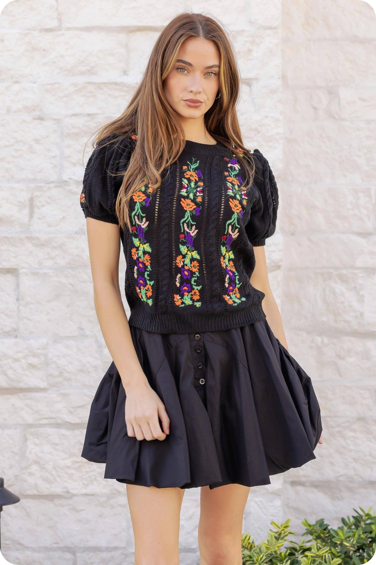Floral Embroidered Pointelle Knitted Top