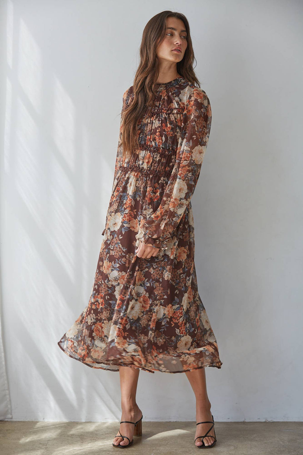 Autumn Floral Long Sleeve Midi Dress