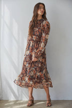 Autumn Floral Long Sleeve Midi Dress
