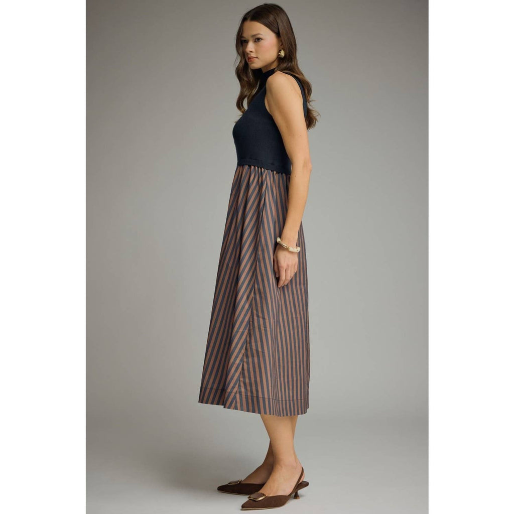 Navy & Chocolate Mock Neck Sleeveless Midi Dress