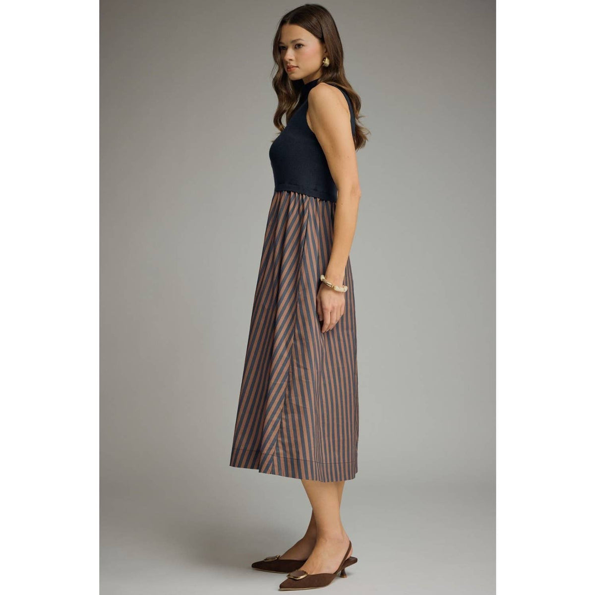 Navy & Chocolate Mock Neck Sleeveless Midi Dress