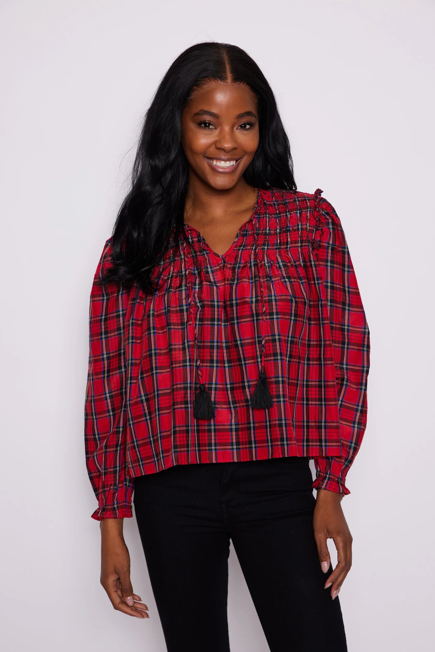 Red Tartan Long Sleeve Tassel Front Blouse