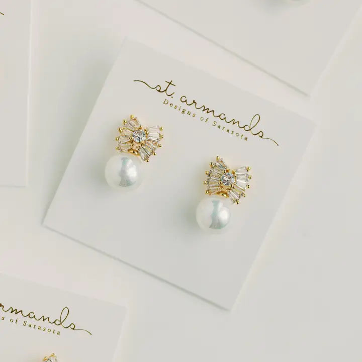 Gold Pearl Sparkler Bow Earrings