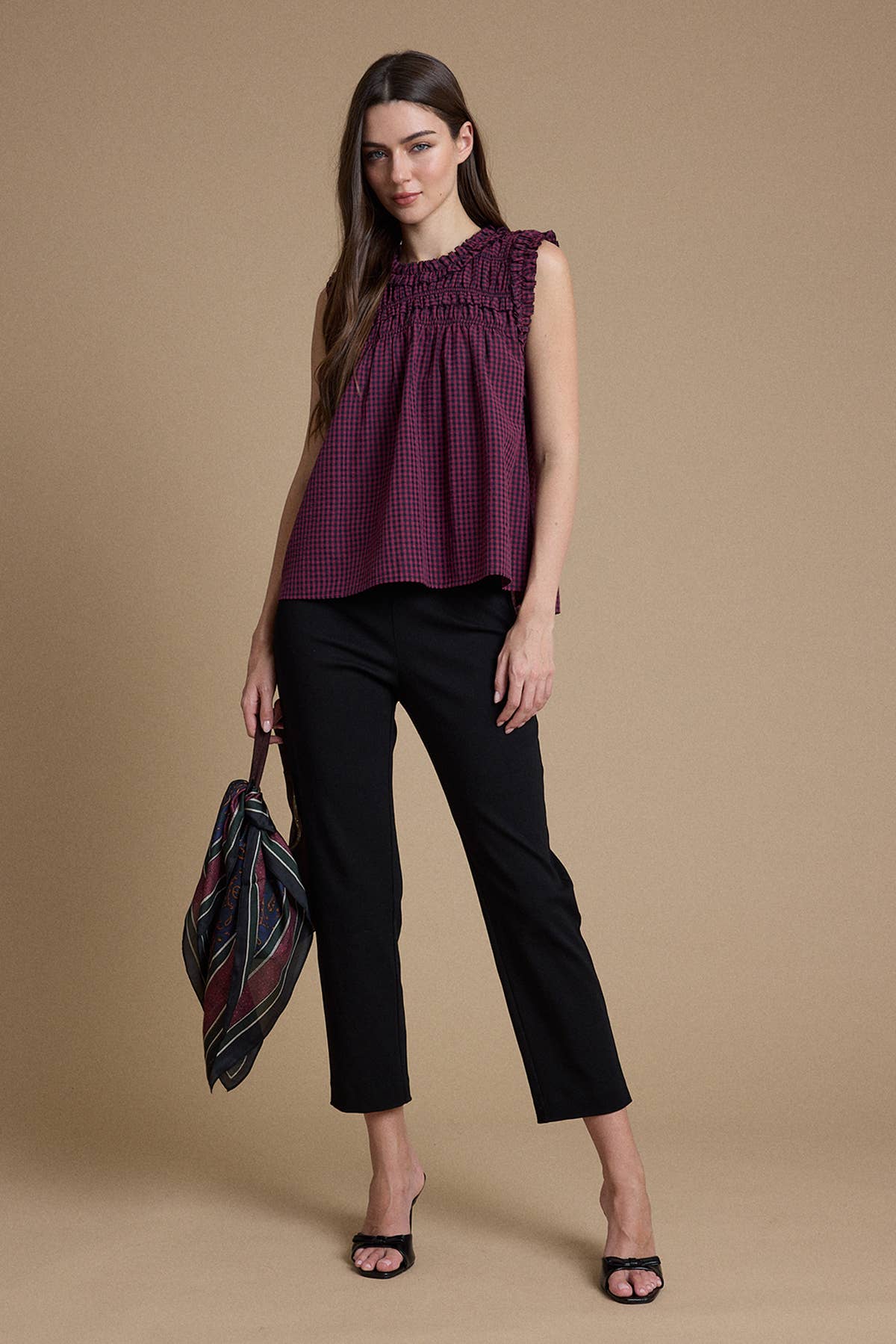 Smocked Ruffle Gingham Sleeveless Top