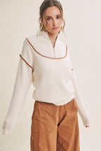 WHIPSTITCH EMBROIDERY HALF ZIP SWEATER
