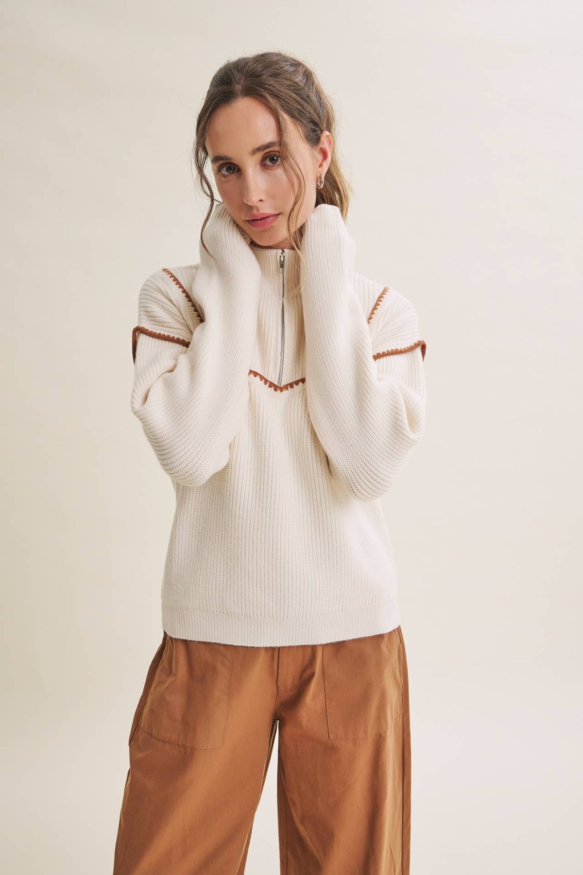 WHIPSTITCH EMBROIDERY HALF ZIP SWEATER