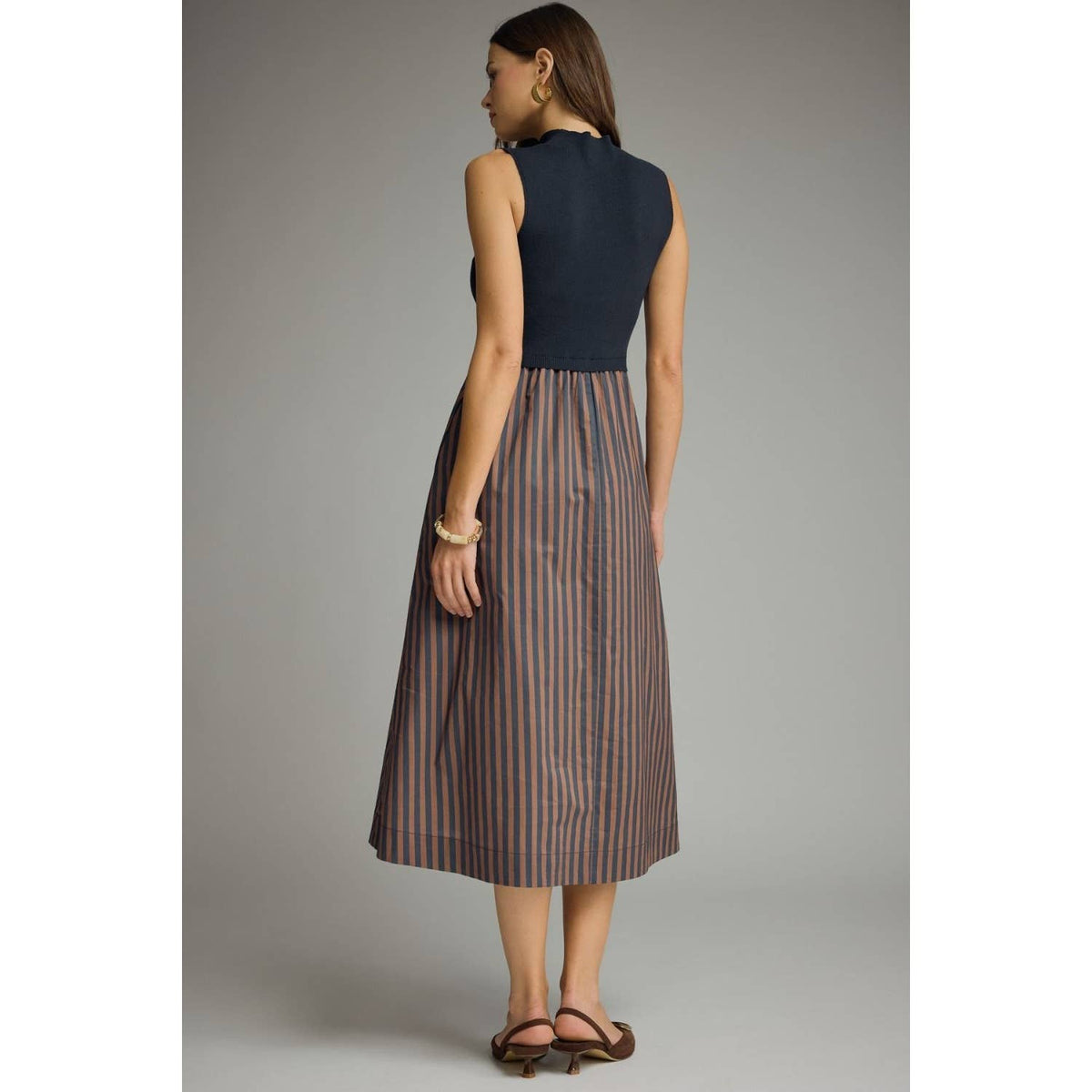 Navy & Chocolate Mock Neck Sleeveless Midi Dress