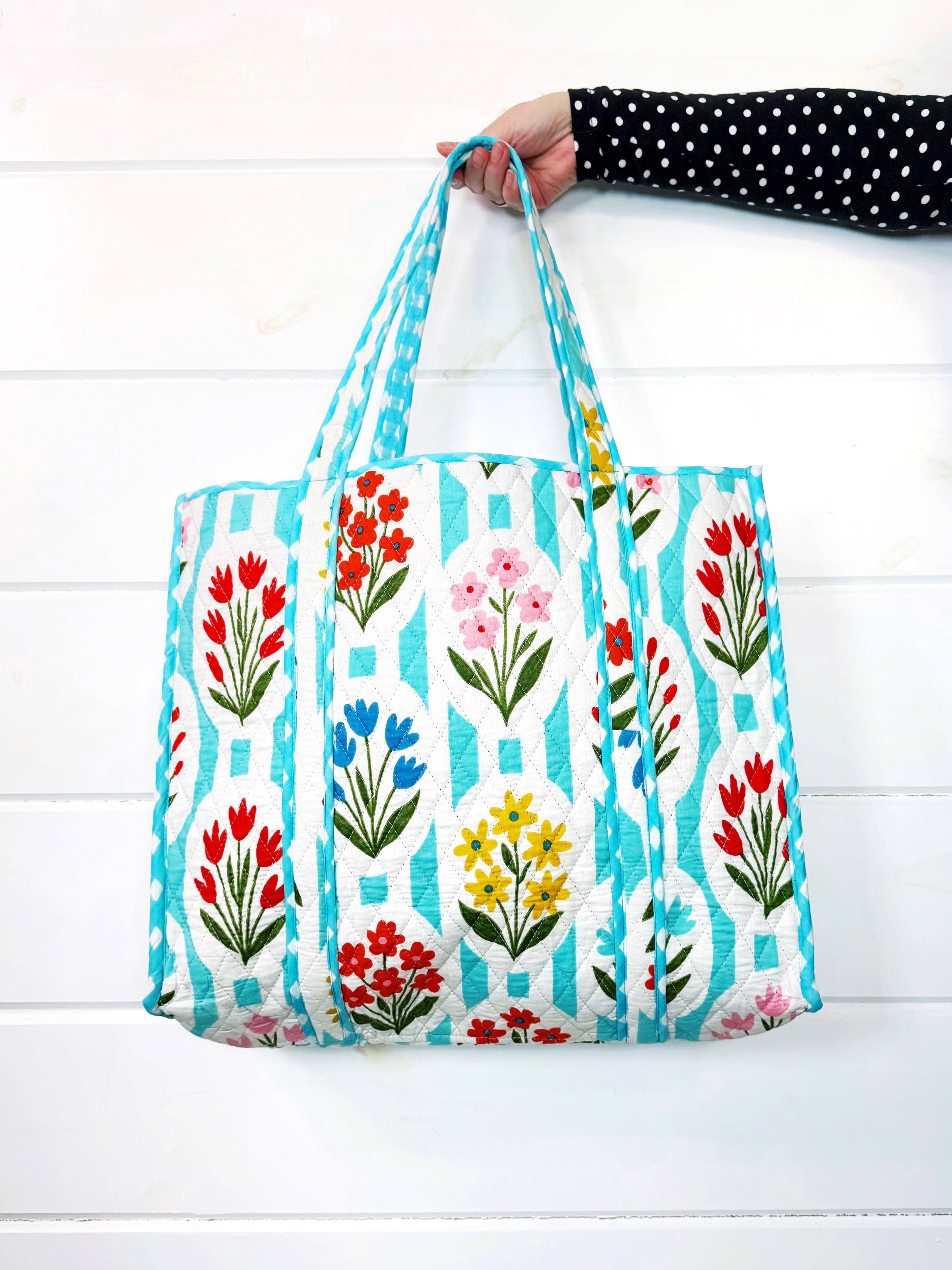 Aqua Garden Party Quilted Tote Bag