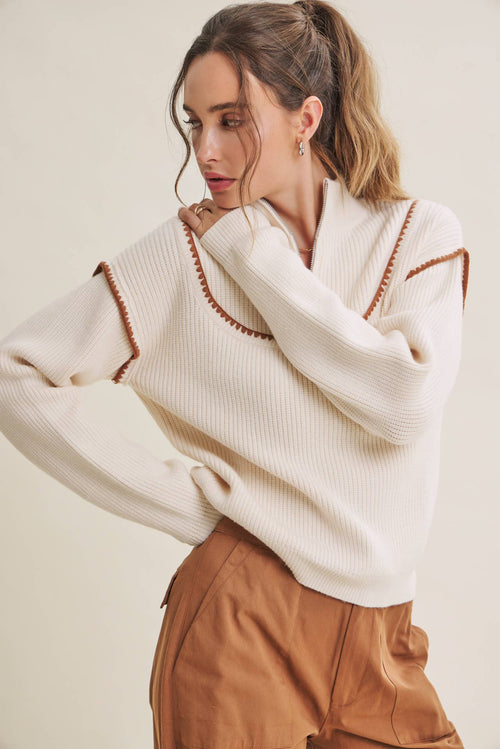 WHIPSTITCH EMBROIDERY HALF ZIP SWEATER