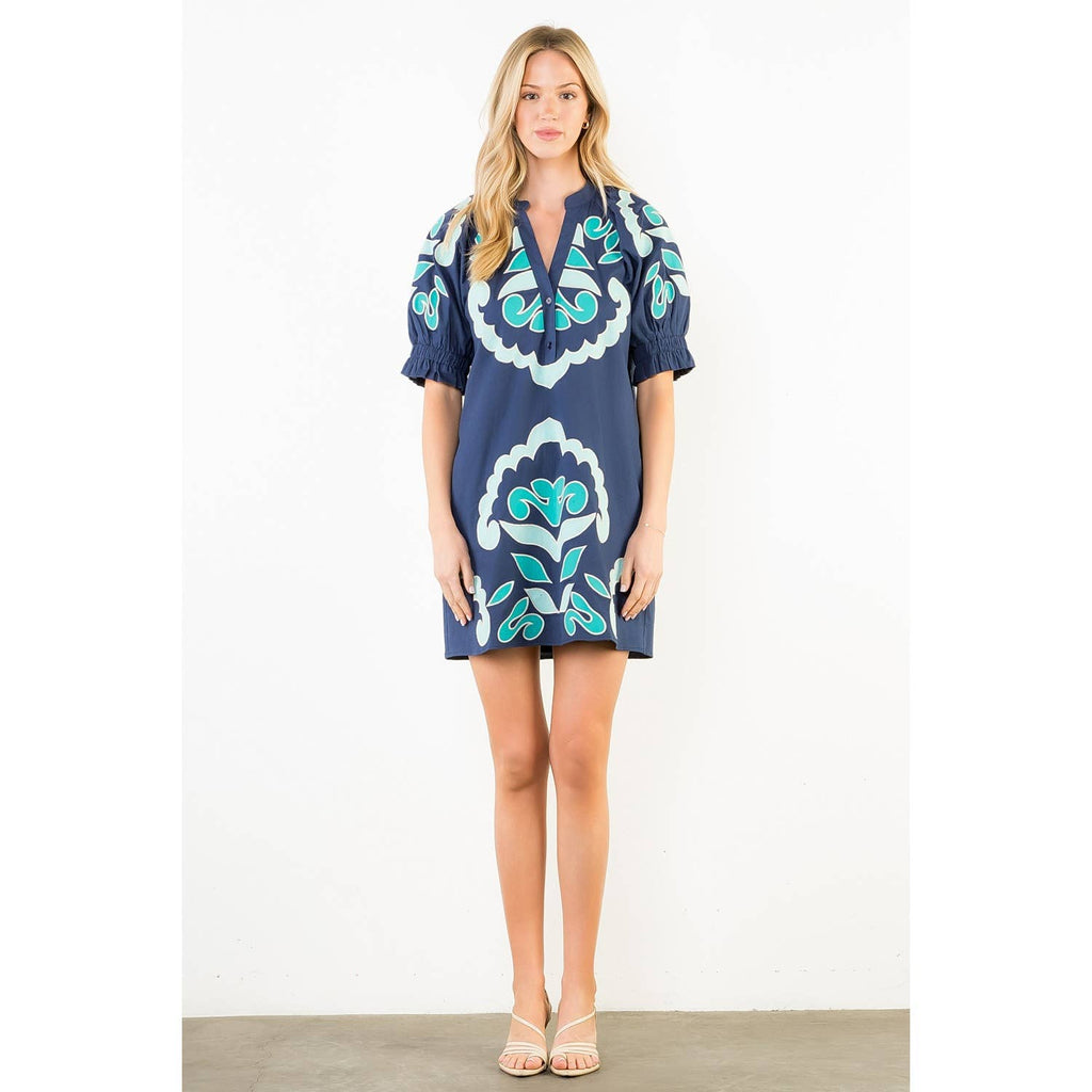 Puff Sleeve Embroidery V-Neck Dress