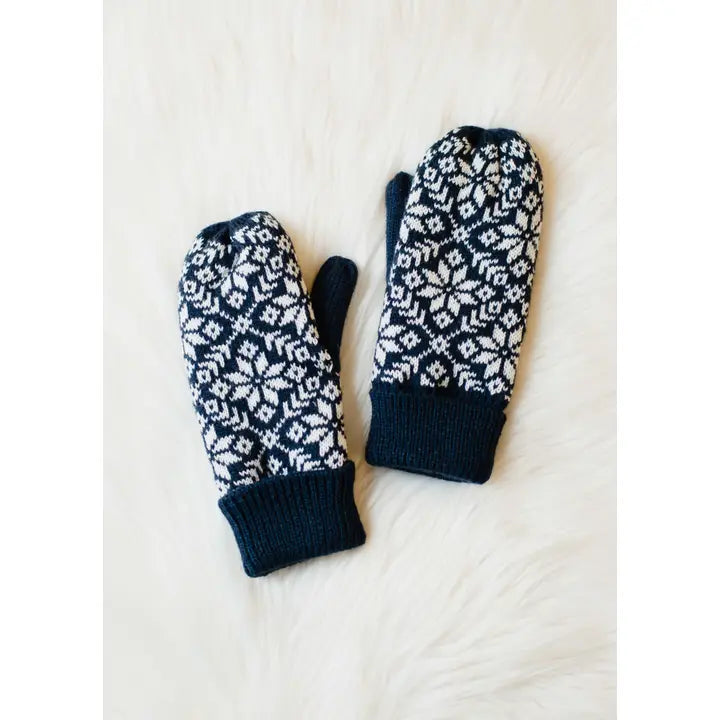 Navy & White Snowflake Knit Mittens