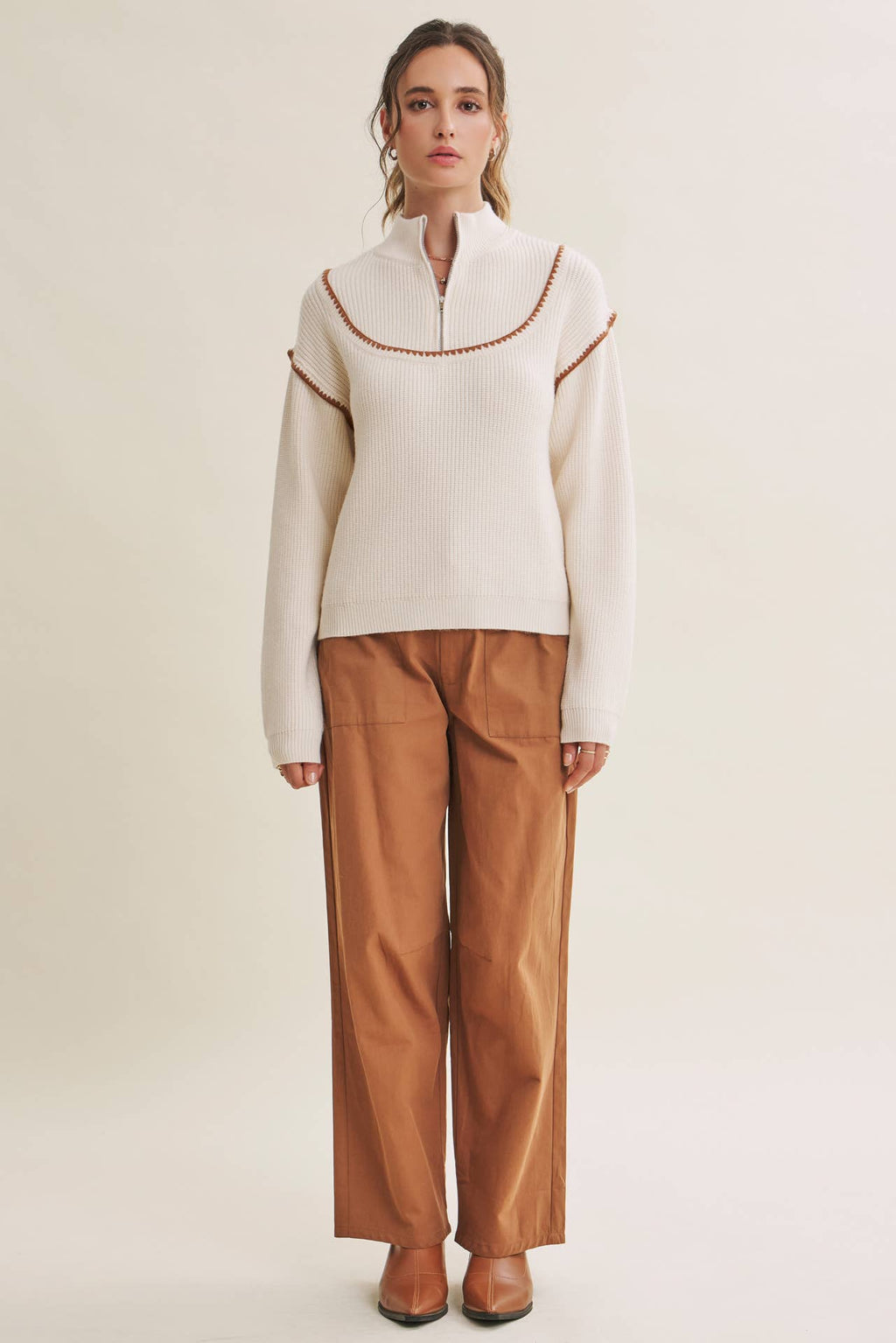 WHIPSTITCH EMBROIDERY HALF ZIP SWEATER
