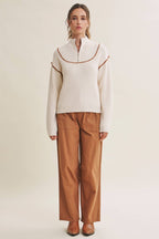 WHIPSTITCH EMBROIDERY HALF ZIP SWEATER