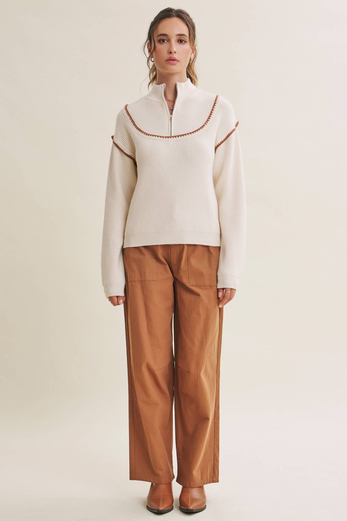 WHIPSTITCH EMBROIDERY HALF ZIP SWEATER