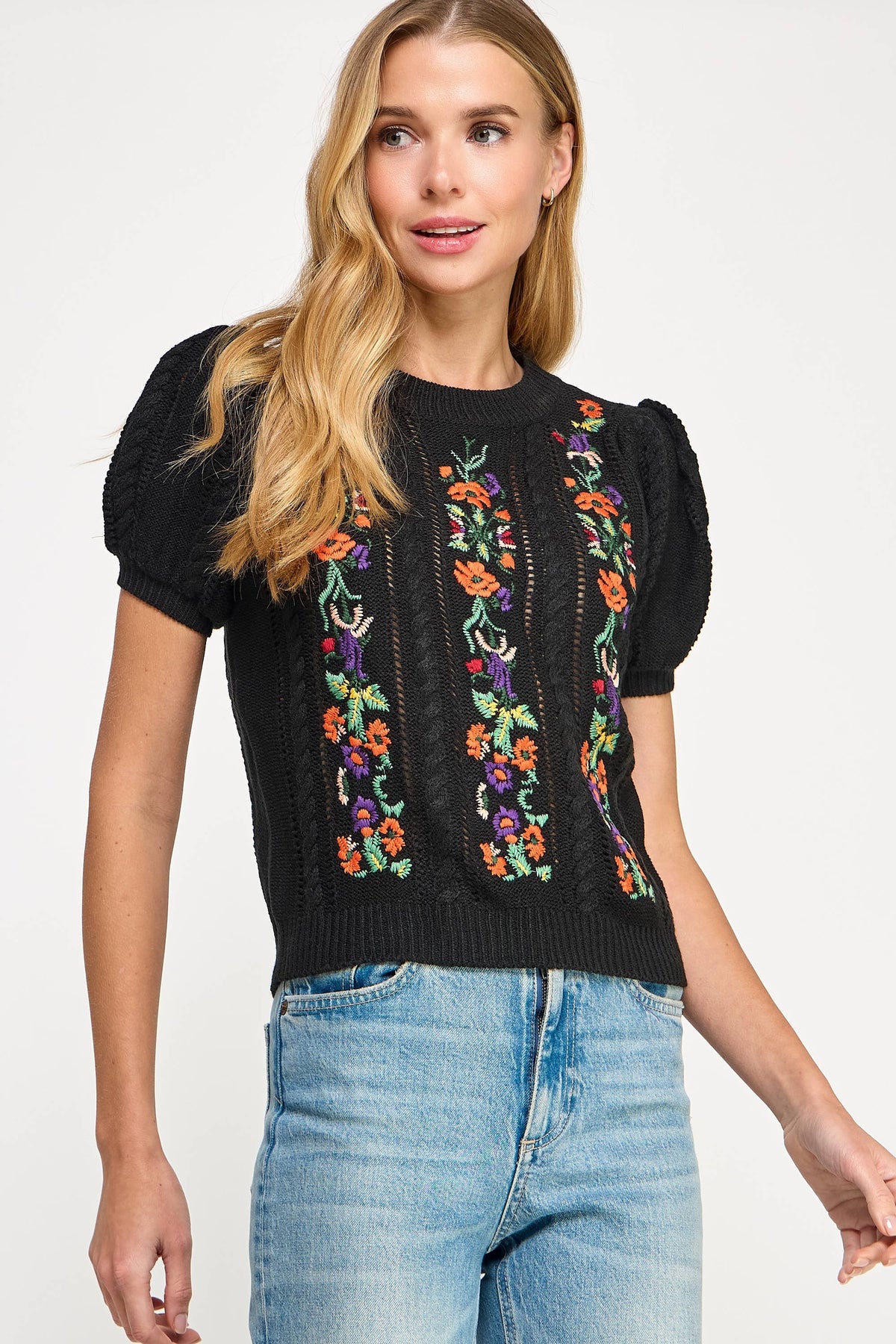Floral Embroidered Pointelle Knitted Top
