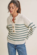 WEEKEND ESCAPE CLASSIC STRIPE HENLEY SWEATER PULLOVER