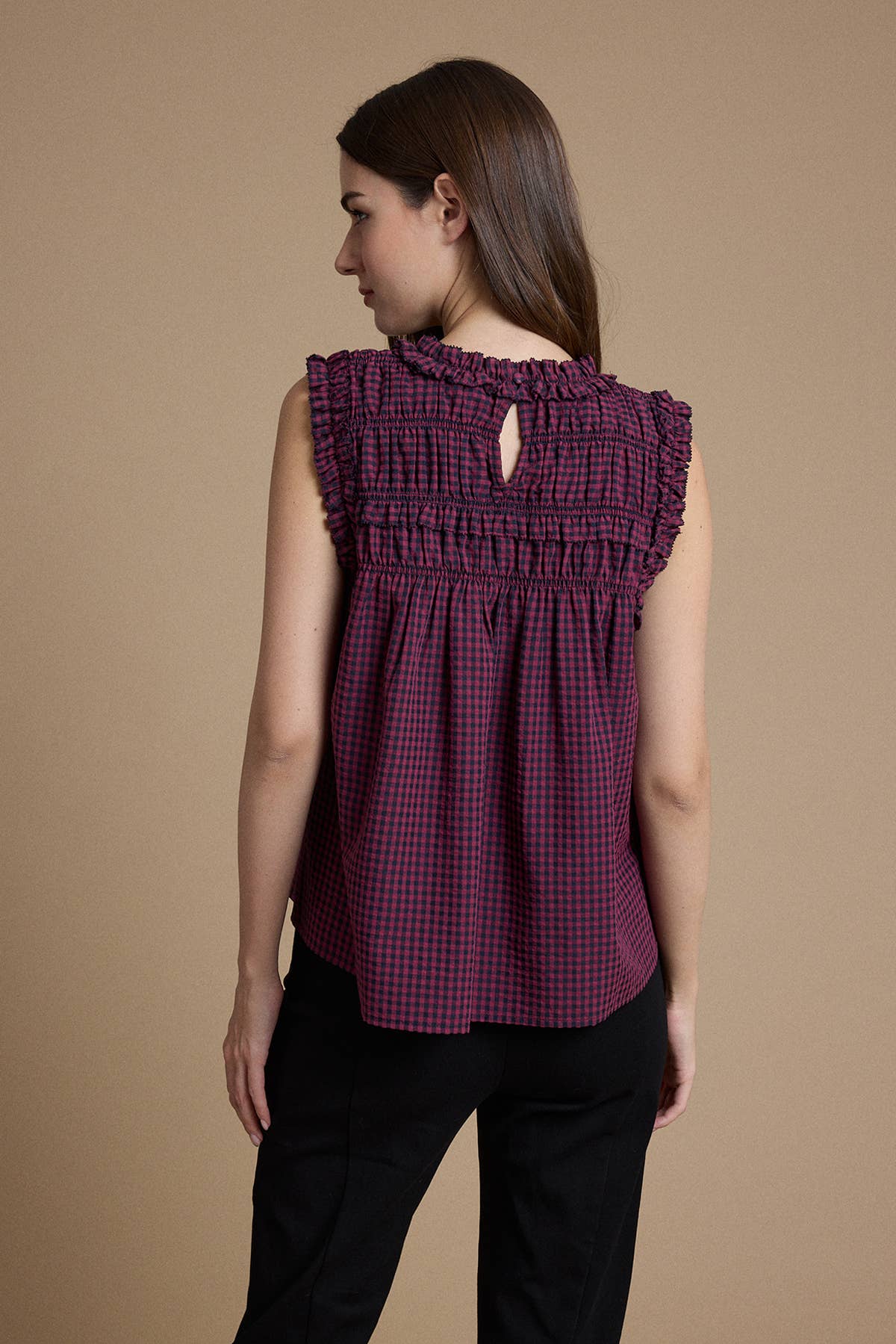 Smocked Ruffle Gingham Sleeveless Top