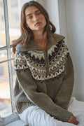 Knit Sweater Fair Isle Half Zip Up Pullover