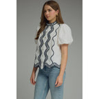 Navy/White Puff Sleeve Top