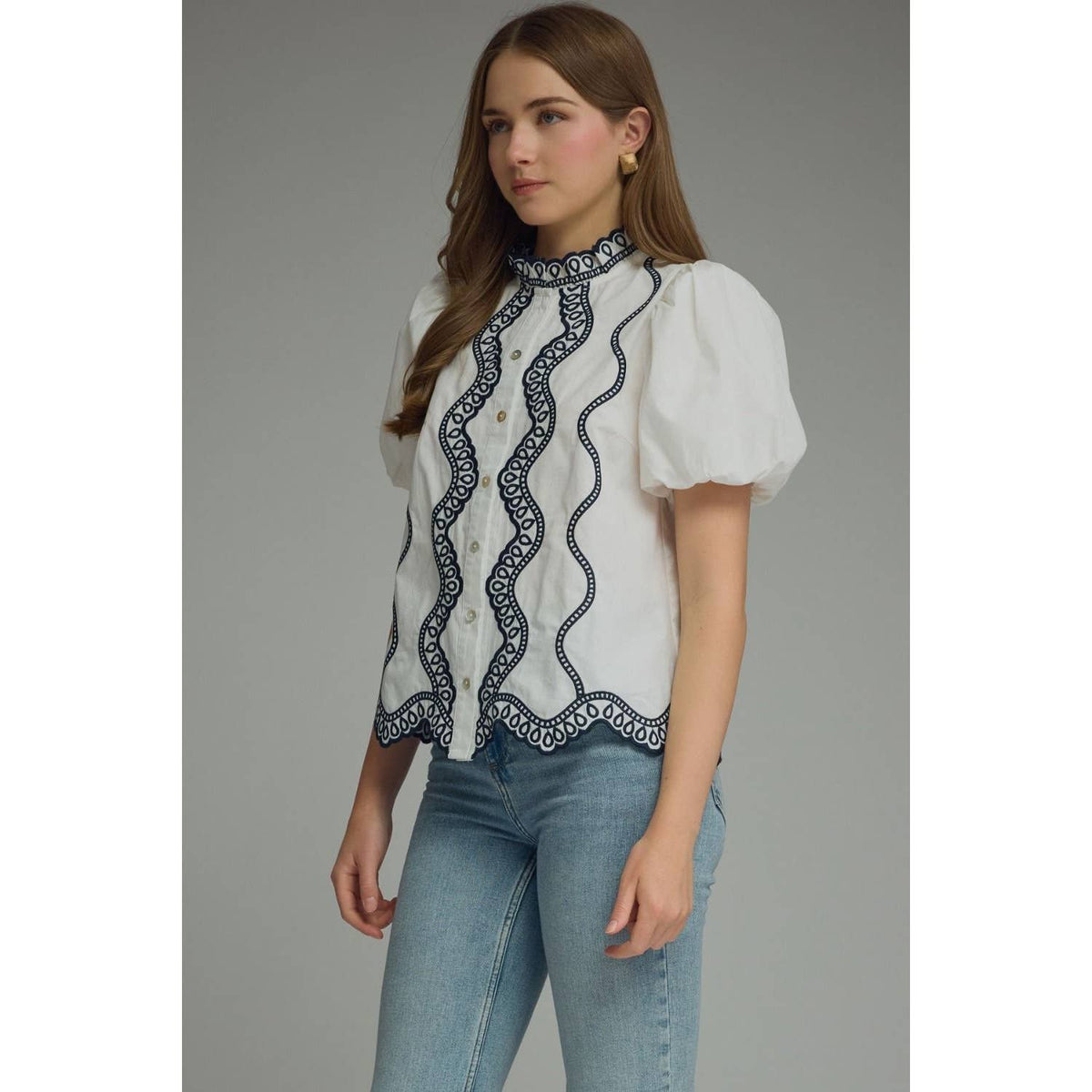 Navy/White Puff Sleeve Top