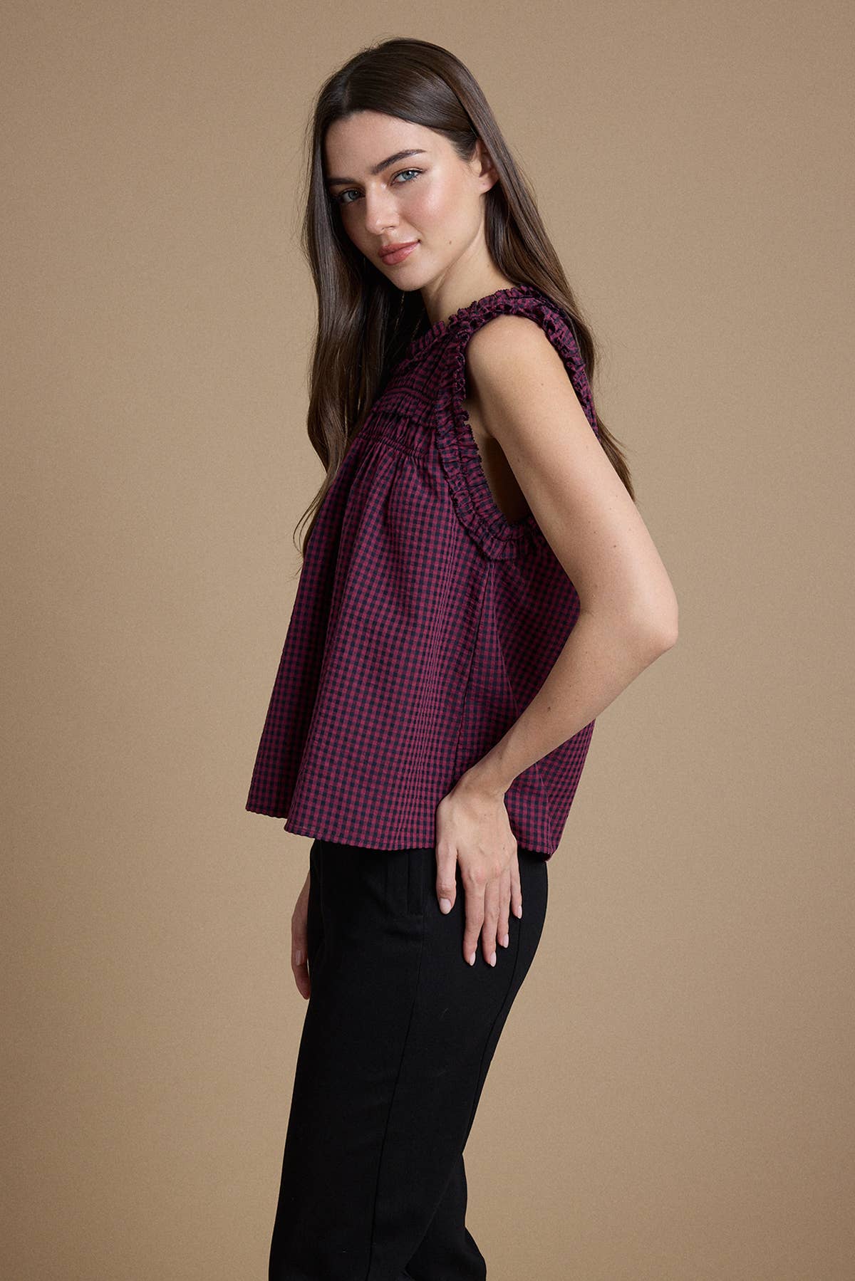 Smocked Ruffle Gingham Sleeveless Top