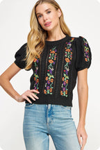 Floral Embroidered Pointelle Knitted Top
