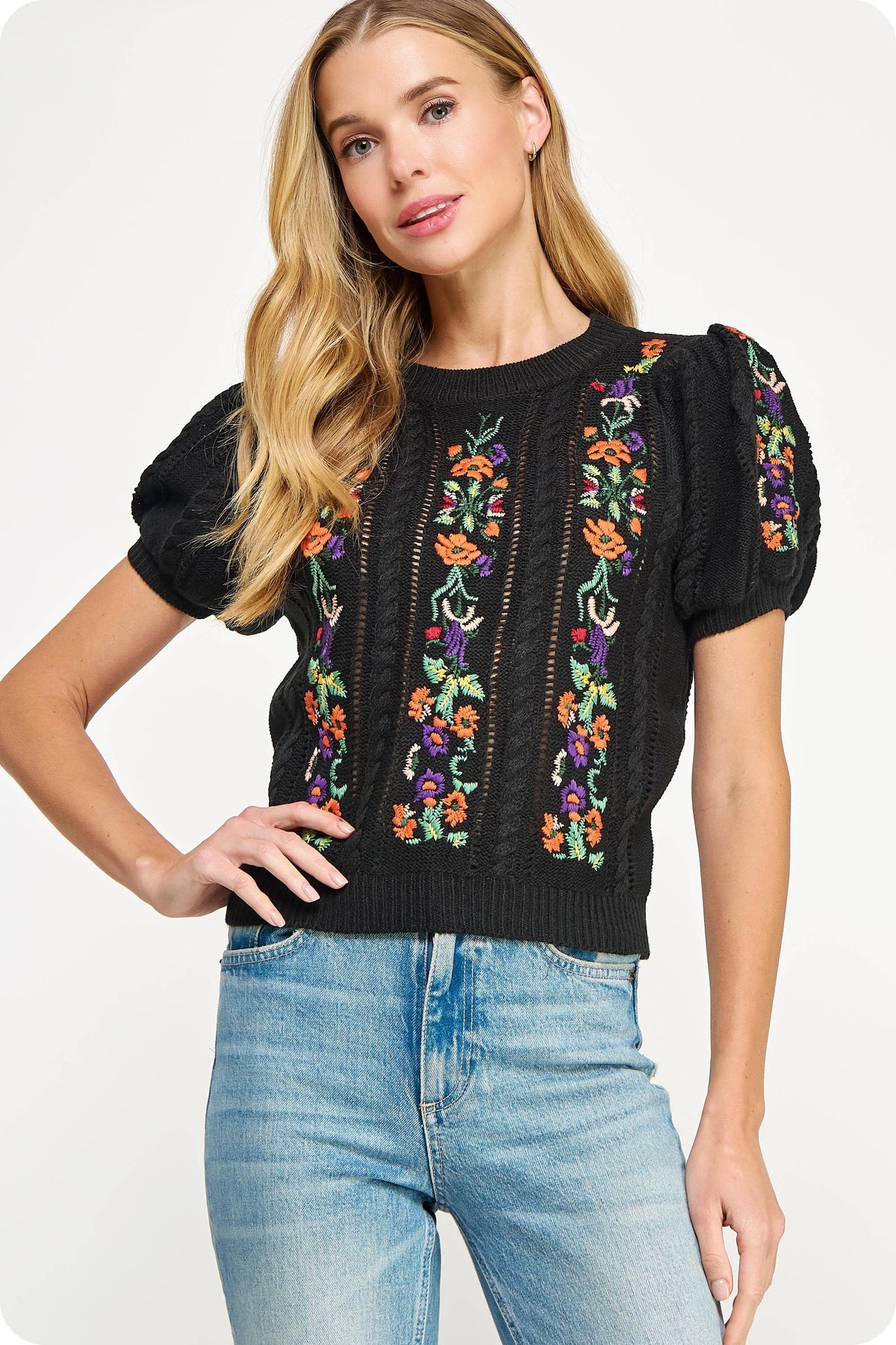 Floral Embroidered Pointelle Knitted Top