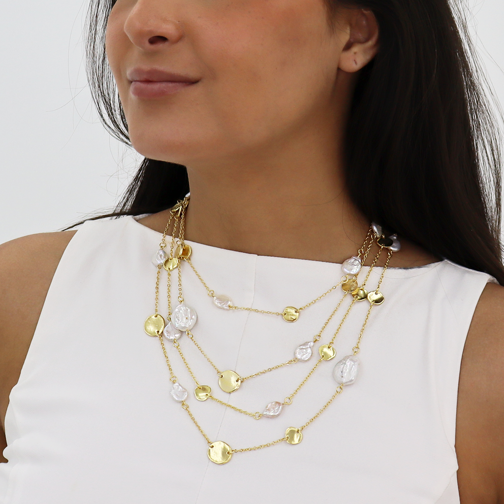 Multi-Strand Coin & Flat Pearl Statement Necklace