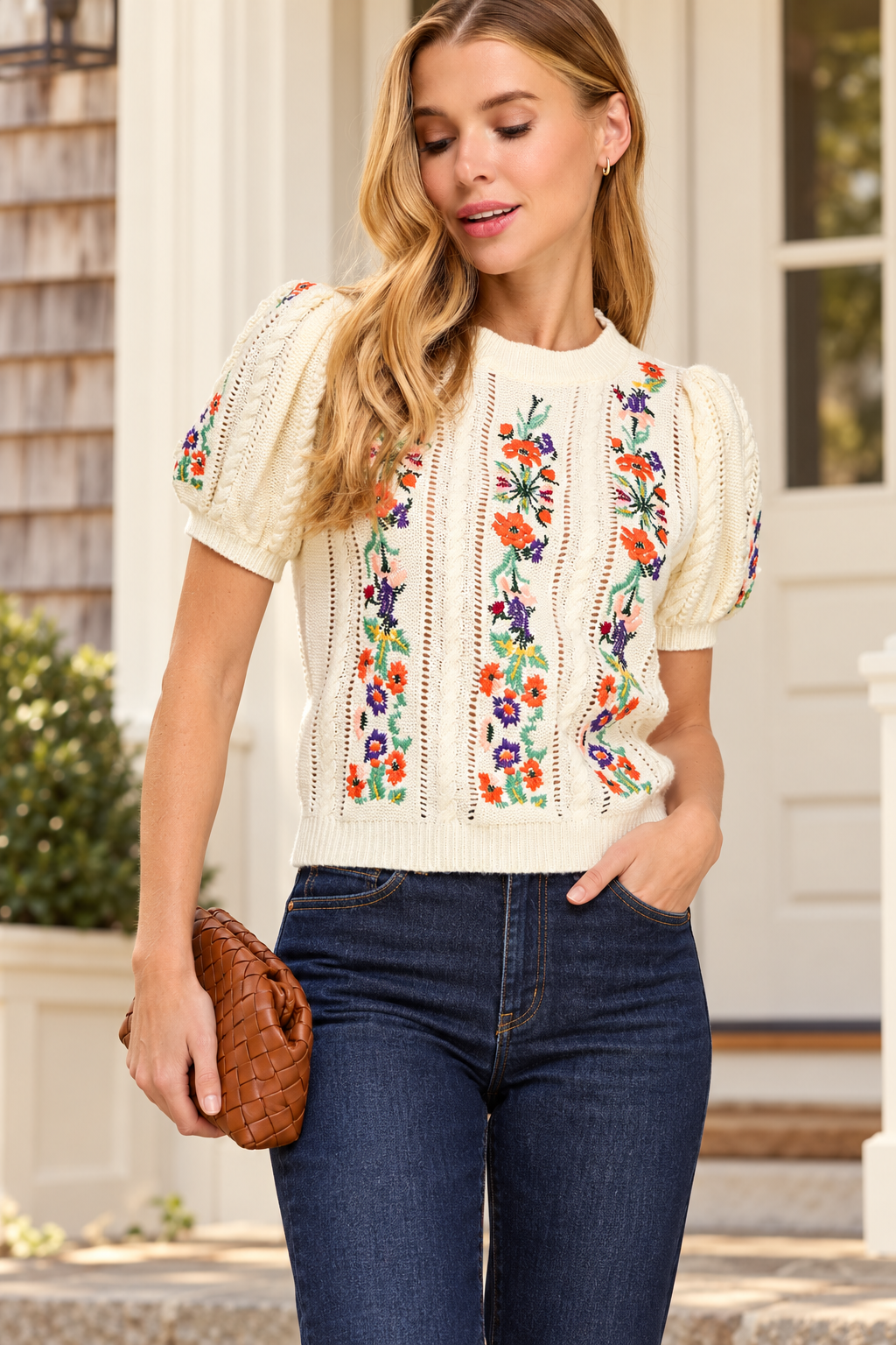 Floral Embroidered Pointelle Knitted Top