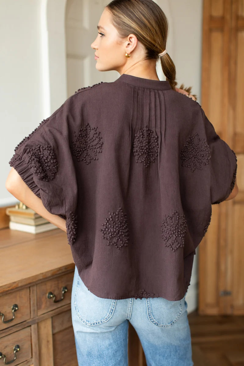 Mandarin Collar Top- French Knot Floral