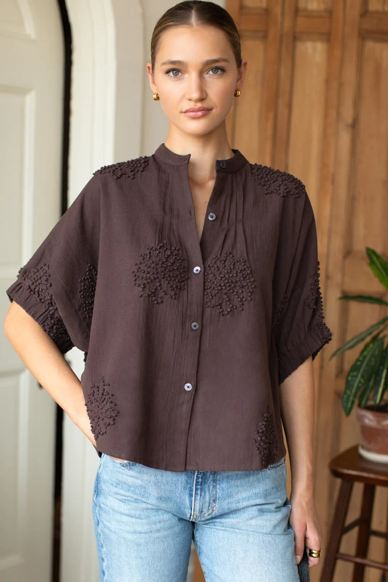 Mandarin Collar Top- French Knot Floral