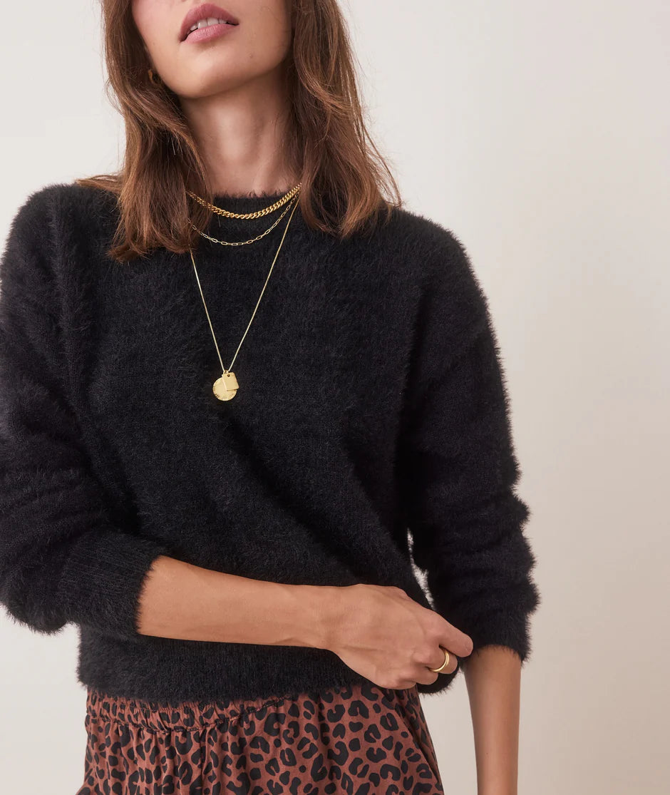 Eyelash Cropped Crewneck Sweater- Black