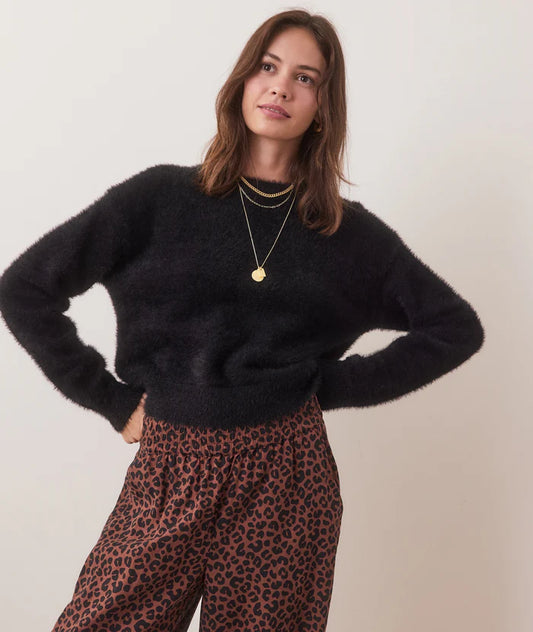 Eyelash Cropped Crewneck Sweater- Black