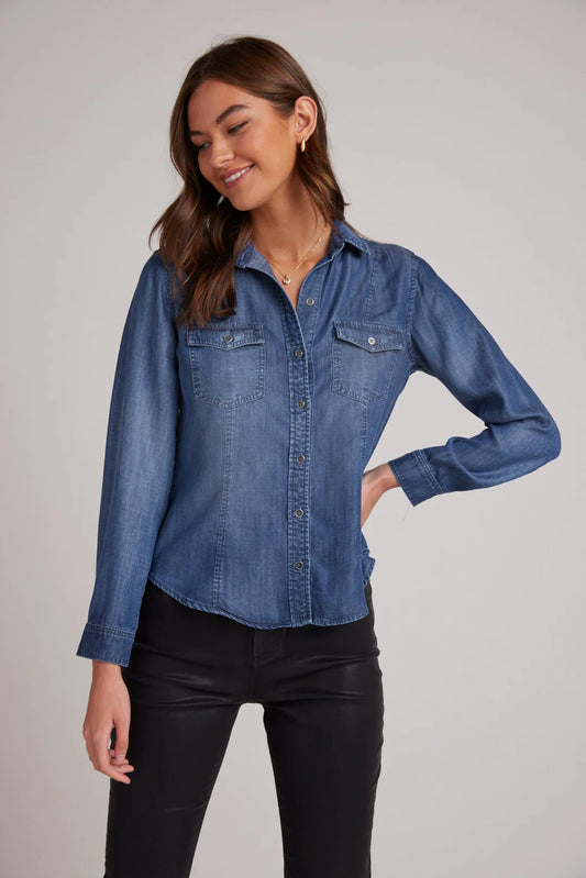Long Sleeve Seamed Button Down - Moon Light Wash
