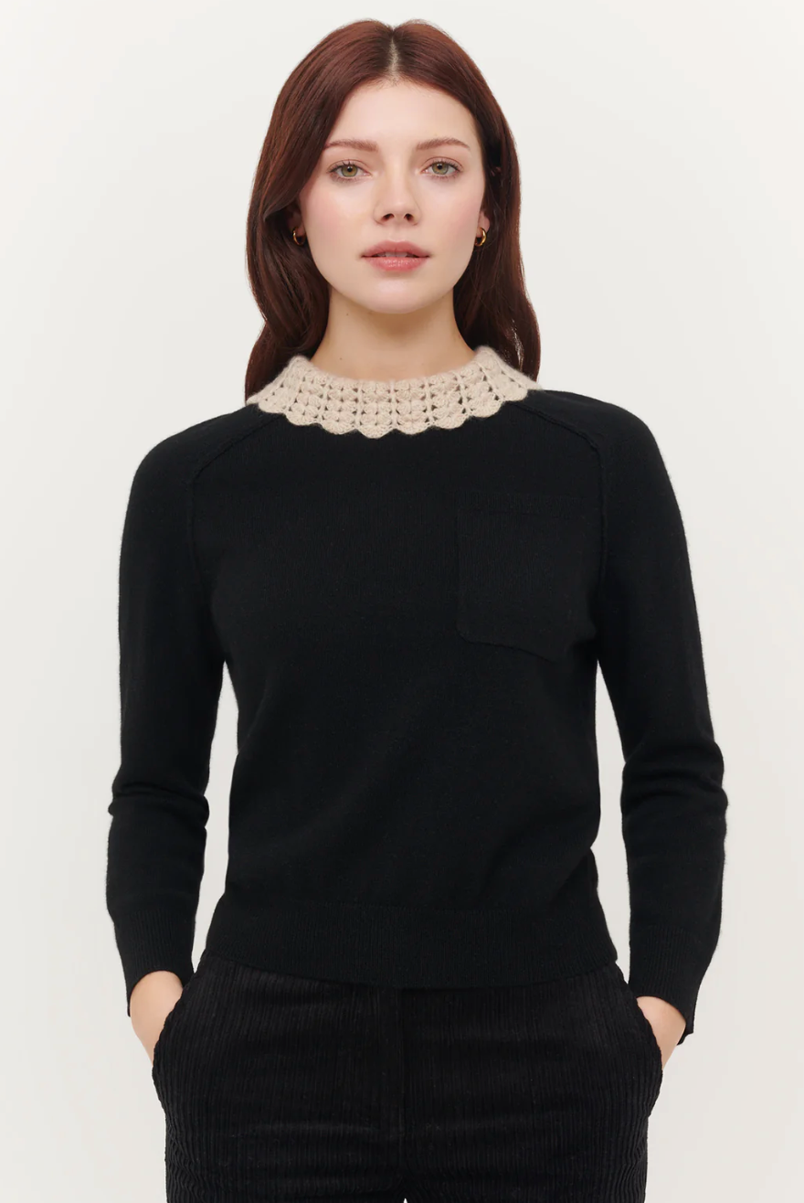 RUTHIE 3/4 SLEEVE CROCHET COLLAR CREW