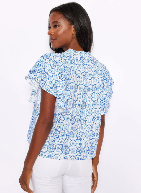 Blue Medallion Ruffle Sleeve Top