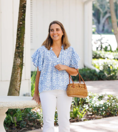 Blue Medallion Ruffle Sleeve Top