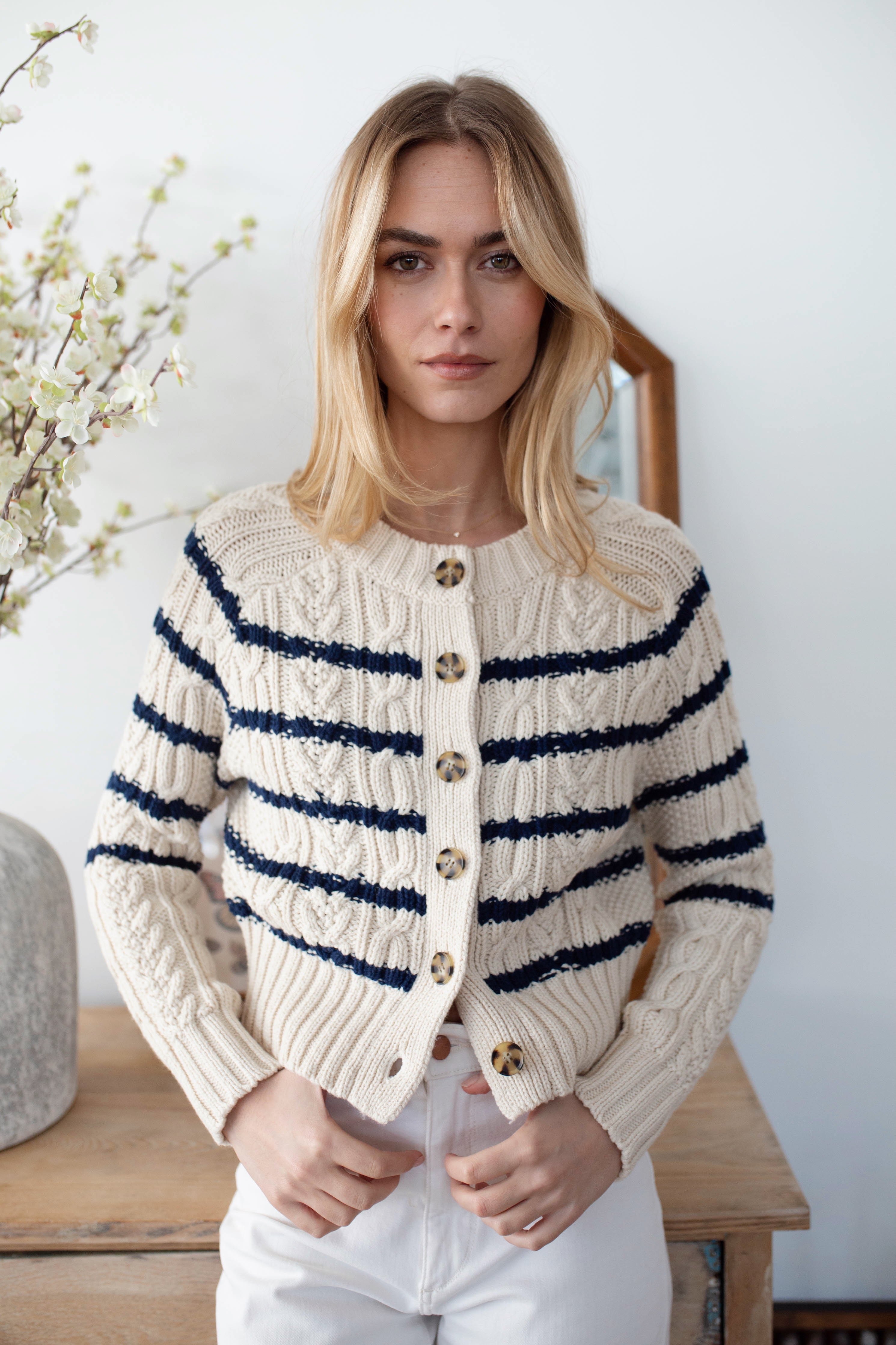 Cable Cardigan- Ivory/ Navy Stripe