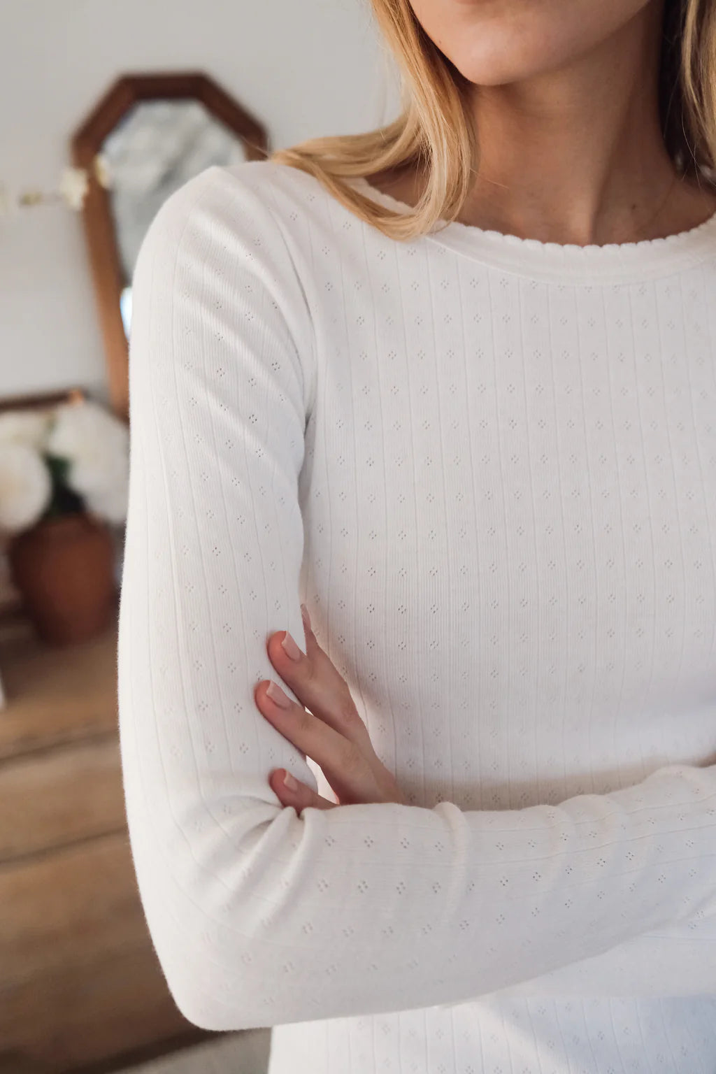 Pointelle Long Sleeve Crew