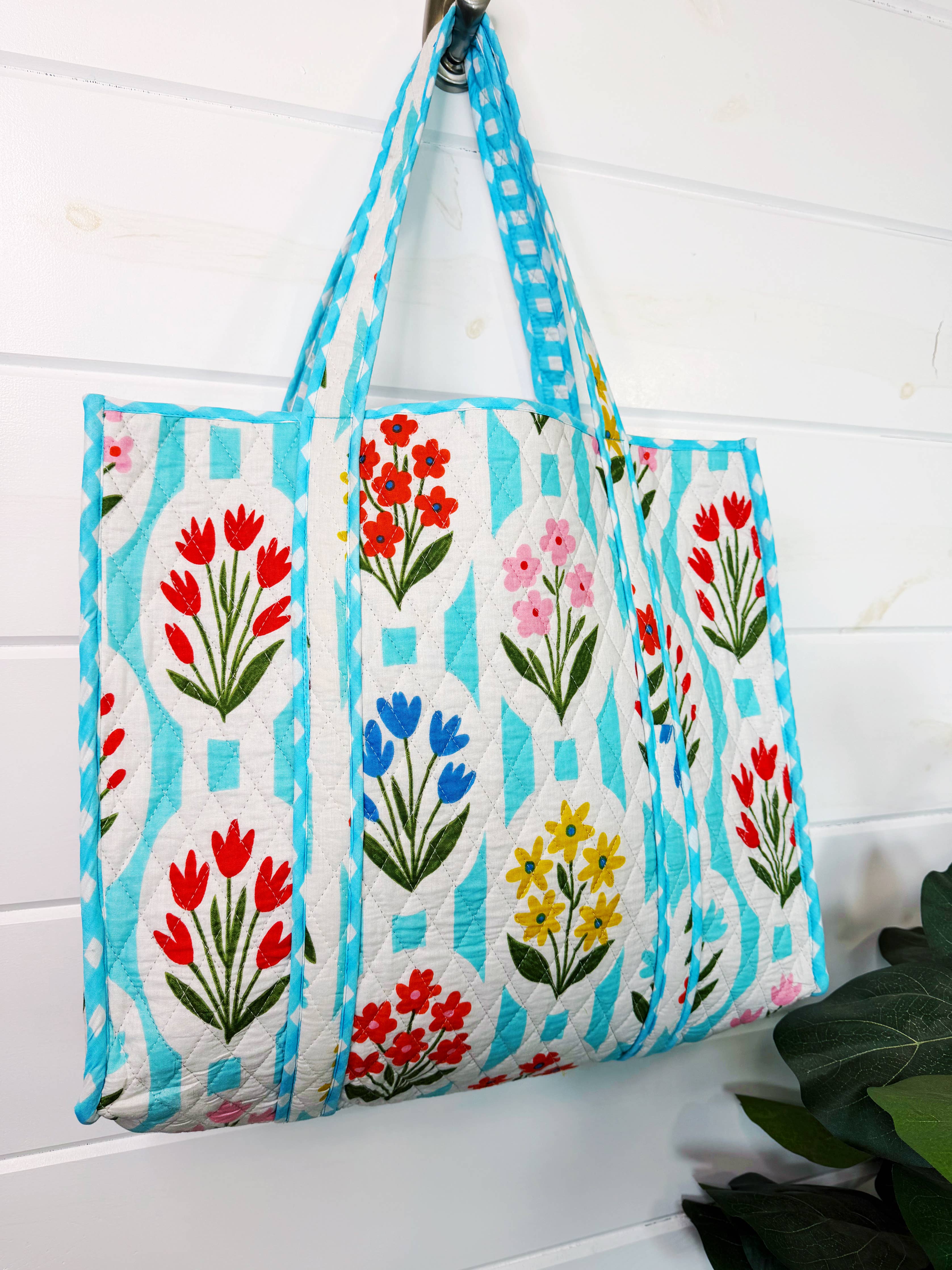 Aqua Garden Party Quilted Tote Bag