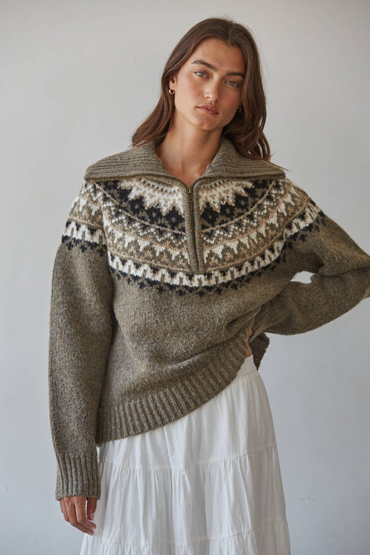 Knit Sweater Fair Isle Half Zip Up Pullover
