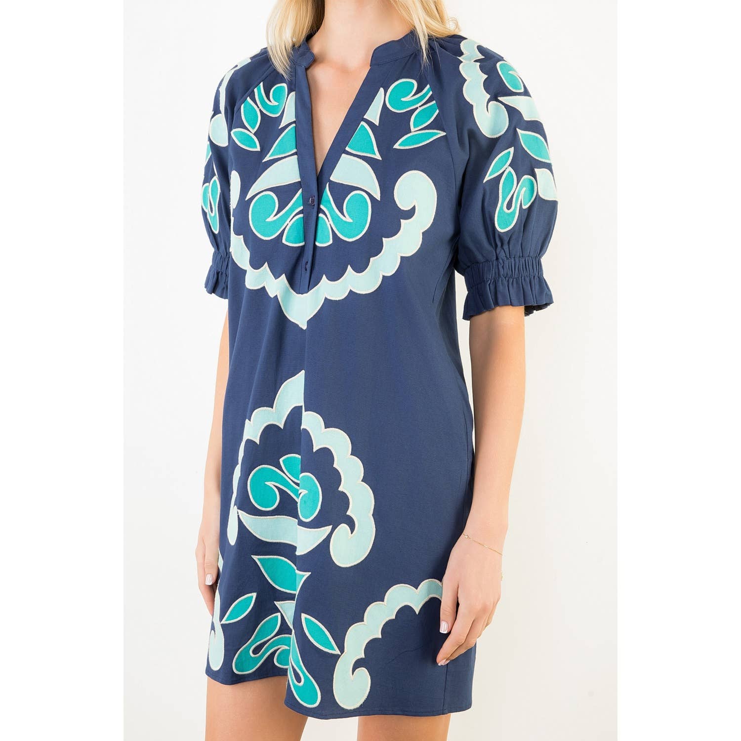 Puff Sleeve Embroidery V-Neck Dress