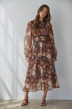 Autumn Floral Long Sleeve Midi Dress