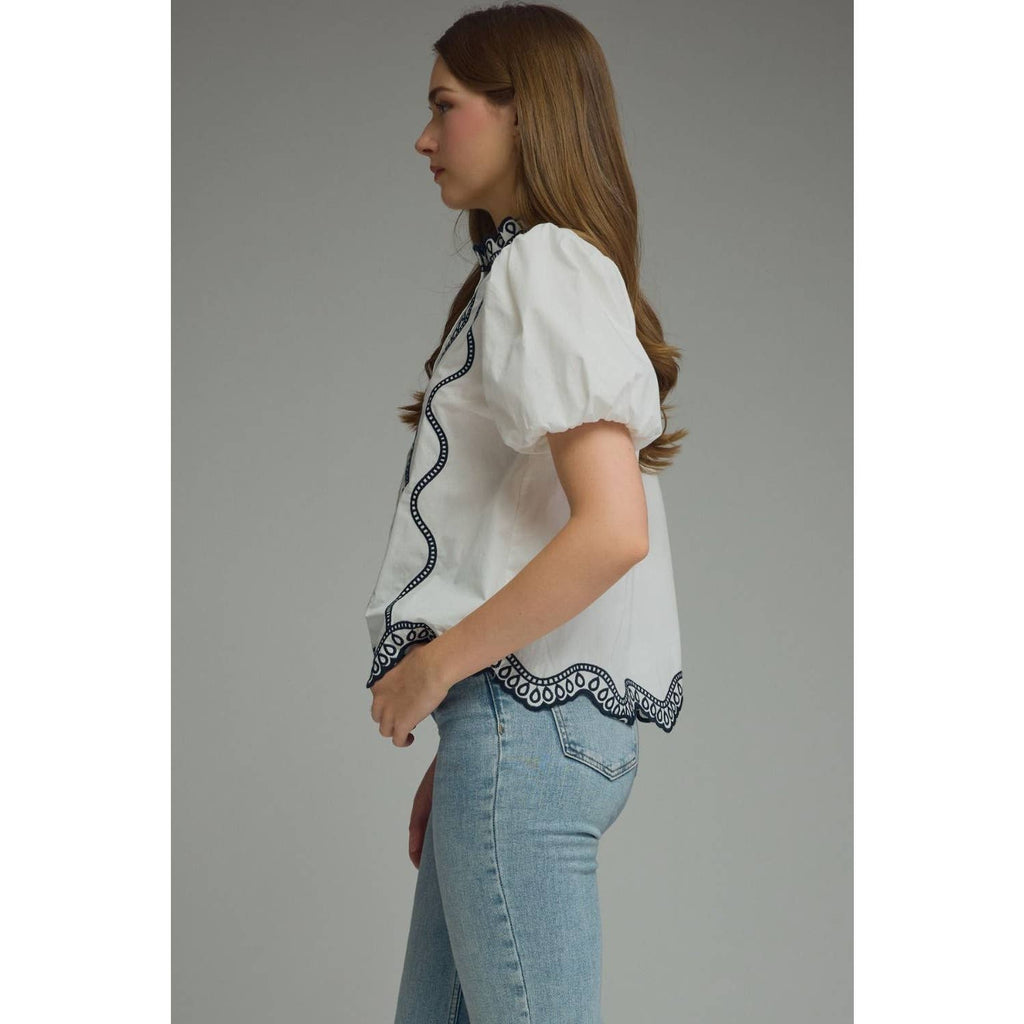 Navy/White Puff Sleeve Top
