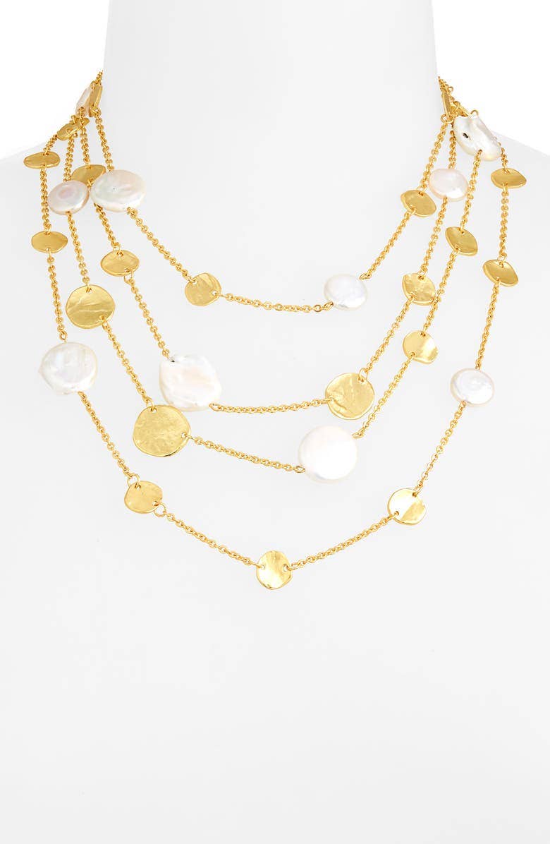 Multi-Strand Coin & Flat Pearl Statement Necklace